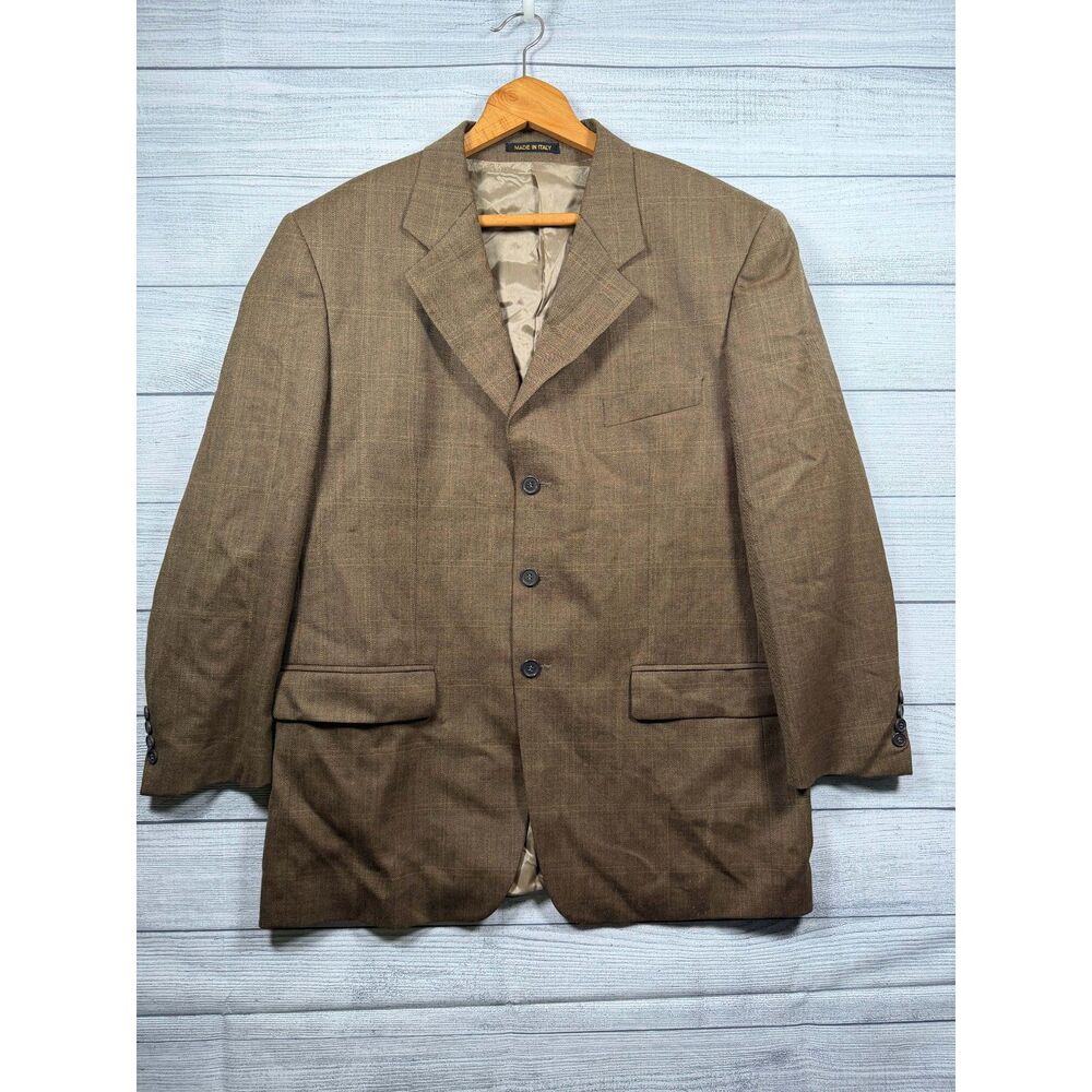 Manzini Men's 44R Brown Plaid Super 120s Wool Italian Blazer Sport Coat